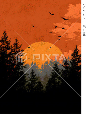 bats flying over dark forest at sunset 129503897