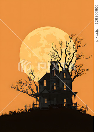haunted house silhouette with full moon background 129503900