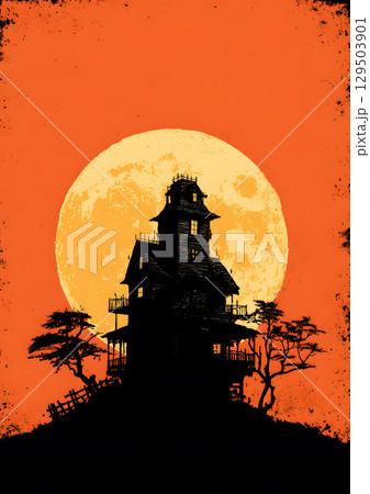 haunted house silhouette with full moon background 129503901