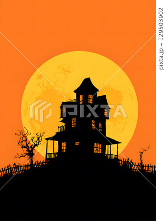 haunted house silhouette with full moon background 129503902