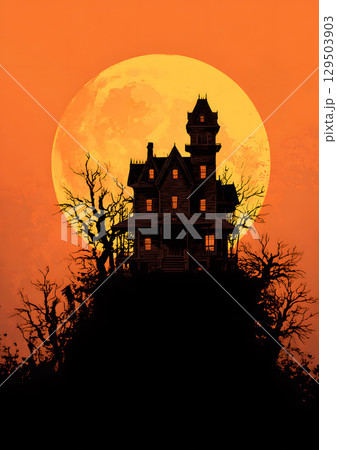 haunted house silhouette with full moon background 129503903