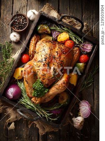 roasted turkey with herbs and vegetables on rustic wooden table 129503904