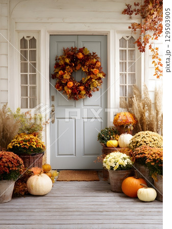 autumn wreath hanging on front door with fall decorations 129503905