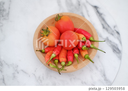 Cooking Ingredients with Red Chili, Garlic, and Tomato Cooking Ingredients with Red Chili, Garlic, and Tomato 129503958