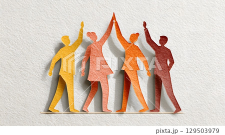 office workers high five celebrating success paper cut art style 129503979