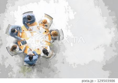 brainstorming with coworkers around big table top view watercolor 129503986