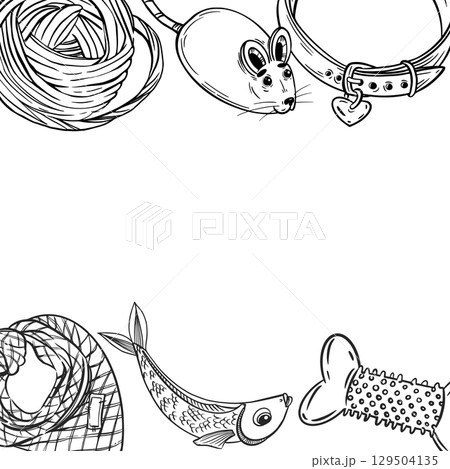 A square frame of accessories for pets, collars, scarves, toys, a mouse, a ball, a bone. All objects are hand-drawn with ink. Illustration for printing on the packaging of feed, pet products. Vector A square frame of accessories for pets, collars, scarves, toys, a mouse, a ball, a bone. All objects are hand-drawn with ink. Illustration for printing on the packaging of feed, pet products. Vector 129504135