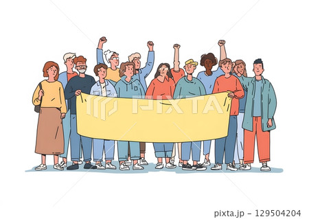 Group of people holding democracy banner in peaceful protest, cartoon style 129504204