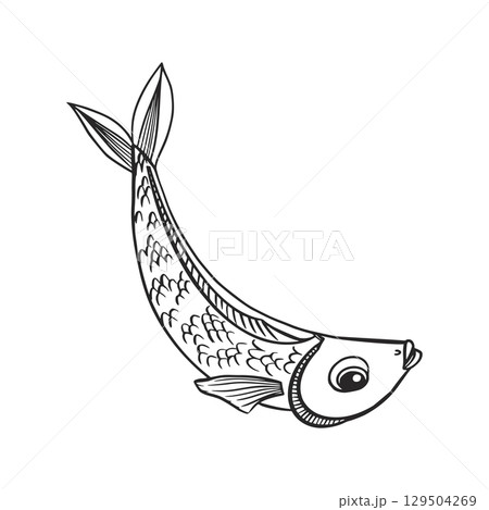 A toy in the form of a fish, for playing with pets, dogs and cats. Fish hand-drawn in ink and translated into vector. For printing on fabric, paper, for decorating pet food. Vector illustration 129504269