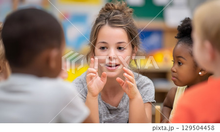Child learning sign language with teacher in bright classroom setting 129504458