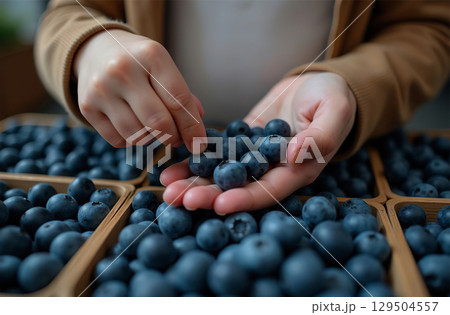 Woman buy blueberry market, close-up hands, berries emporium. AI Generative 129504557