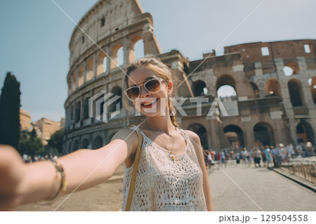 Smiling tourist taking selfie in front of iconic landmark 129504558