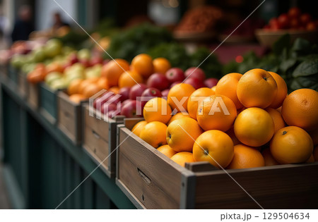Fruit market stall, fruits in wooden boxes in store, emporium. AI Generative 129504634