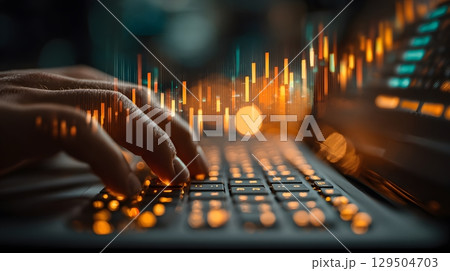 Close-up of hands typing on keyboard with finance graphs floating 129504703