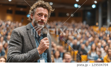 Motivated speaker giving keynote at business seminar 129504704