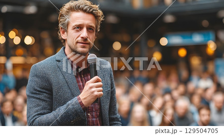 Motivated speaker giving keynote at business seminar 129504705