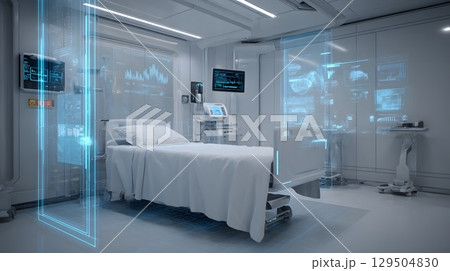 futuristic patient room with holographic diagnostics, white sterile tone, 129504830