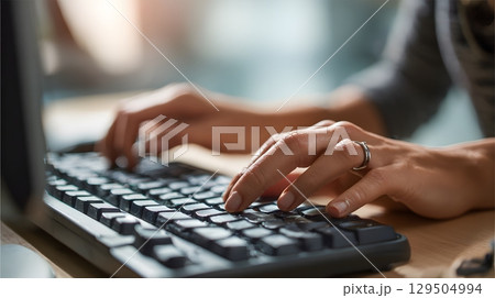female copywriter typing on ergonomic keyboard, 129504994