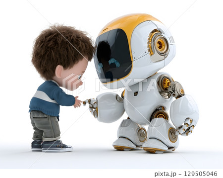 child interacting with friendly robot teacher on white background 129505046