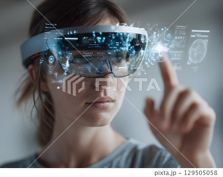 woman wearing AR glasses and interacting with AI UI elements woman wearing AR glasses and interacting with AI UI elements 129505058