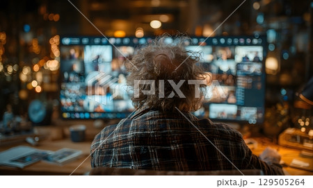 man presenting slides on screen in remote webinar, office background blurred man presenting slides on screen in remote webinar, office background blurred 129505264