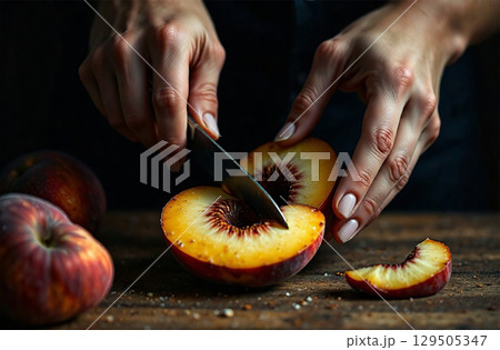 Cook cutting peach fruit in kitchen, cooking food in restaurant. AI Generative Cook cutting peach fruit in kitchen, cooking food in restaurant. AI Generative 129505347