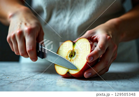 Cook cutting apple fruit in kitchen, cooking food in restaurant. AI Generative 129505348