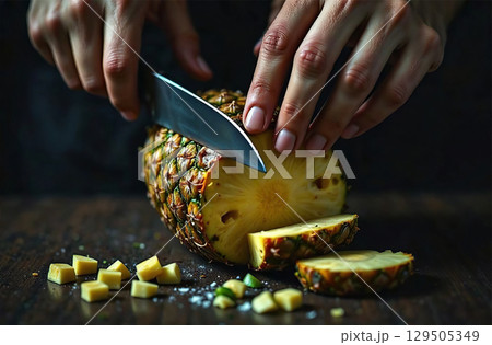 Cook cutting pineapple fruit in kitchen, cooking food restaurant. AI Generative Cook cutting pineapple fruit in kitchen, cooking food restaurant. AI Generative 129505349
