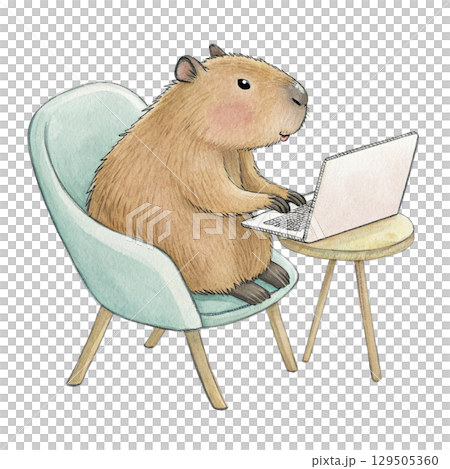 The cutest animals in the world Sitting on a Laptop  Watercolor White Background  129505360