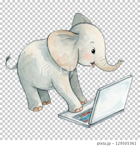The cutest animals in the world Sitting on a Laptop  Watercolor White Background  129505361