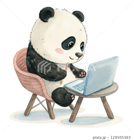 The cutest animals in the world Sitting on a Laptop  Watercolor White Background  129505363