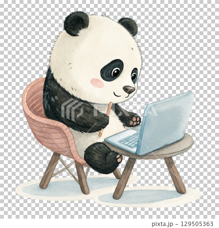 The cutest animals in the world Sitting on a Laptop  Watercolor White Background  129505363