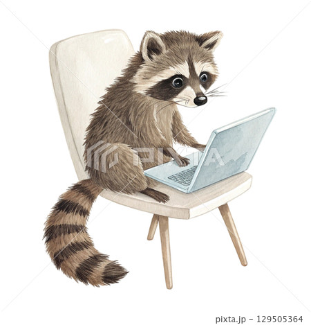 The cutest animals in the world Sitting on a Laptop  Watercolor White Background  129505364