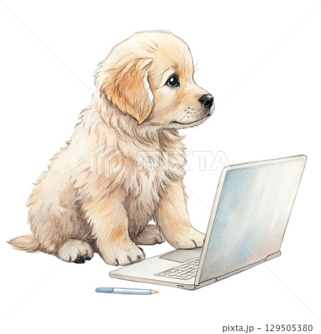 The cutest animals in the world Sitting on a Laptop  Watercolor White Background  129505380