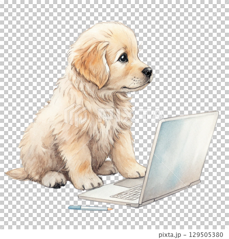The cutest animals in the world Sitting on a Laptop  Watercolor White Background  129505380