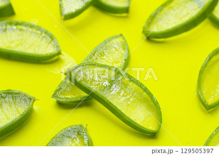 Sliced aloe vera pieces with translucent gel Sliced aloe vera pieces with translucent gel 129505397
