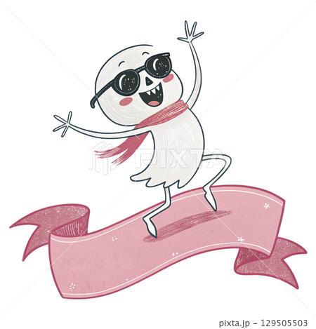 Cute Skeleton Ghost Kawaii with Glasses Blank Ribbon Banner Digital Art  White Background 129505503