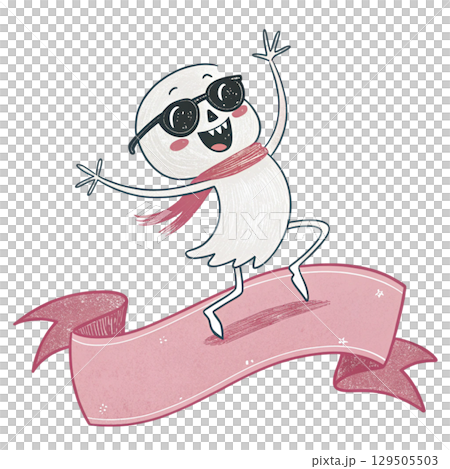 Cute Skeleton Ghost Kawaii with Glasses Blank Ribbon Banner Digital Art  White Background 129505503