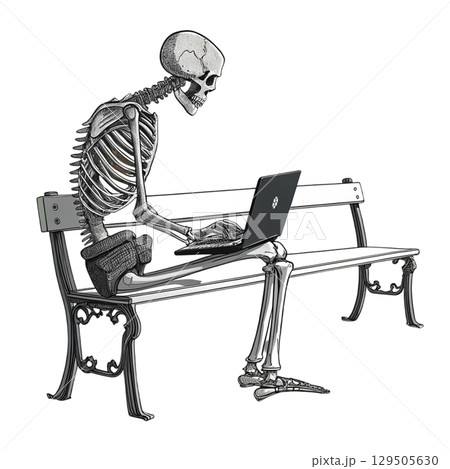 detailed silhouette of a skeleton sitting with a laptop  White Background 129505630