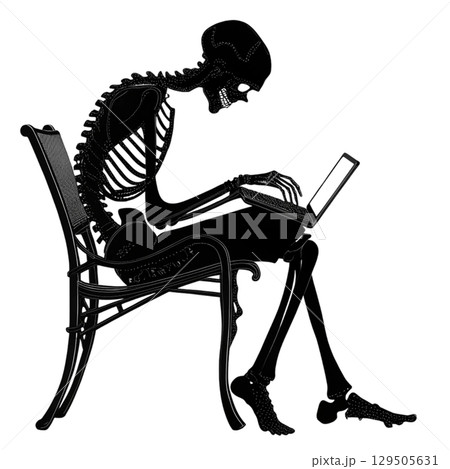 detailed silhouette of a skeleton sitting with a laptop  White Background 129505631
