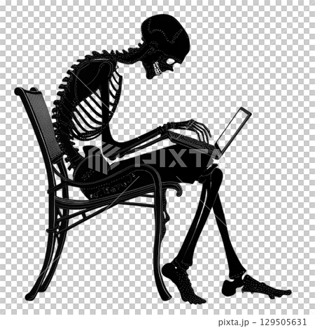 detailed silhouette of a skeleton sitting with a laptop  White Background 129505631