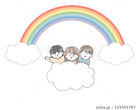 雲に乗る子どもたちと虹 129505797
