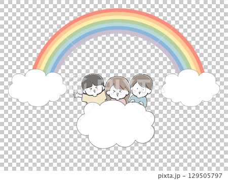 雲に乗る子どもたちと虹 129505797