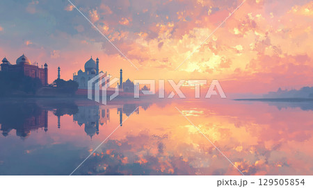 ヤムナー川に映る日の出のタージ・マハル ヤムナー川に映る日の出のタージ・マハル 129505854