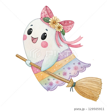 Cute ghost patchwork pattern Halloween theme White Background  129505911