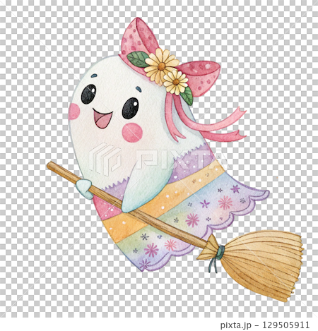 Cute ghost patchwork pattern Halloween theme White Background  129505911