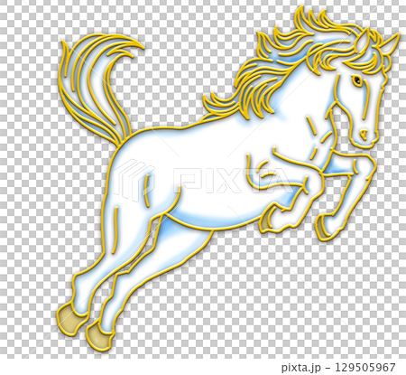 ジャンプする白い馬のイラスト_全身_右向き_馬のイラスト 129505967