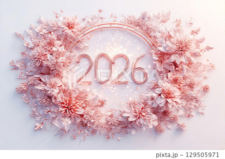 Elegant 2026 New Year Celebration background with Soft Pink Floral Wreath and Sparkling Lights, Perfect for Festive Greetings, Invitations, and Seasonal Design Projects 129505971