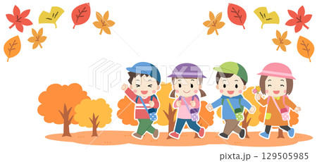 秋の遠足に出かける子供たちのイラスト 129505985