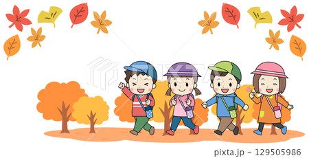 秋の遠足に出かける子供たちのイラスト 秋の遠足に出かける子供たちのイラスト 129505986